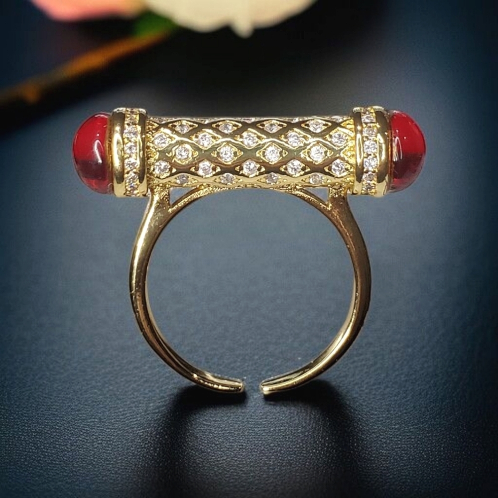 Exquisite 18k Gold Plated Quilted Pave Crystal Ruby Cabochon Bar Ring